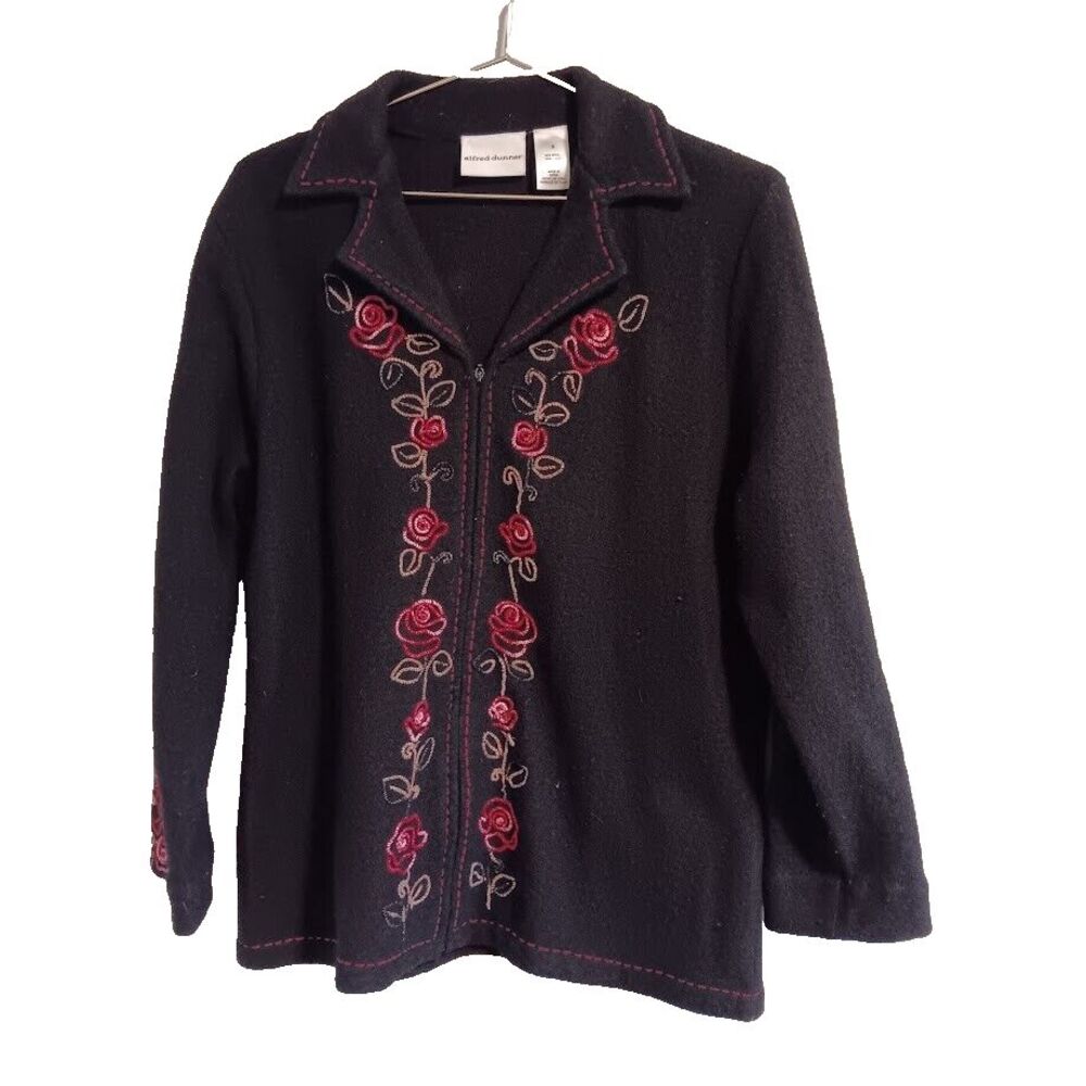 Alfred Dunner Womans Small Wool Jacket Zip Black Floral Embroidery